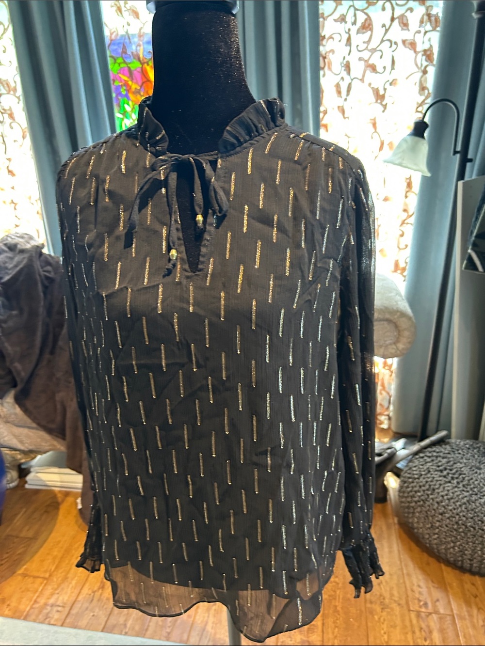 Black Metallic-Striped Ruffled Tie-Neck Blouse